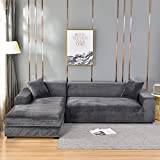 2 Pcs Solid Color Sectional Sofa Cover, Velvet Plush Dustproof Corner Couch Cover with Elastic Band Pet Dog Furniture Cover-dark grey-4 Seater + 4 Seater