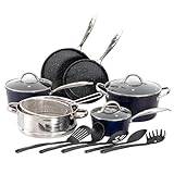 Kitchen Academy 15 Pieces Non-Stick Cookware Set, Nonstick Induction Granite-Coated Pot Pan Set, Includes Lids, Frying and Pans Accessories - Aluminium Hammered Blue