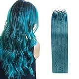 100% Human Hair Extensions,Micro Ring Loop Bead Tipped Hair,Straight Micro Ring Human Hair Extensions, 50 Strands,Blue,24inch
