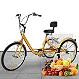 Adult Tricycle - 24 Inch 6 Speed Tricycle for Adults 3 Wheels City Bikes With Large Shopping Basket Height Adjustable Tricycle Bike For Adult Senior Citizen Outdoor Sports Shopping(Yellow
