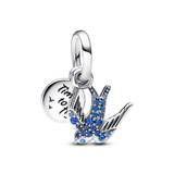 Pandora Sparkling Swallow & Quote Double Dangle Charm - Sterling Silver / Man-made Crystal / Blue