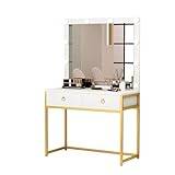 Make Up Desk, Vanity With Storage And Lighted Mirror, 440lb Load Capacity Dressing Table With LED Three-Color Bulb And High-Definition Mercury Lens ( Color : White+Gold Frame , Size : 100*40*160cm )