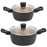 Russell Hobbs COMBO-8222 Stockpot Set – 20/24 cm Non-Stick Cooking Pots for Induction Hob, Kitchen Deep Pans with Lid, PFOA-Free Soup Pan for Stew, Casserole, Aluminium, Stay Cool Handles, Black Gold