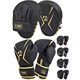 AQF Boxing Gloves and Pads - Adults & Kids Boxing Set for Kickboxing & MMA Muay Thai Punching Glove with Curved Boxing Pads for Martial Arts Training (Gold, 10oz)