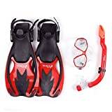 Two Bare Feet Snorkel, Mask and Fins/Flippers PVC Diving Set (Kids) With Anti Fog and Wide View Mask, Anti-Leak, Tempered Glass- Scuba Dive Snorkelling Sets (L-XL UK 1-4, Red)