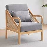 FREFLIG Upholsted Rocking Chair for Nursy, Linen Fabric Armchair Single Sofa Comfy Upholsted Chair Reading Chair Woven Rattan Armrest, Meeting Visitor Chair Cozy Chair for Bedroom