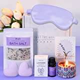 Lavender Pamper Gifts For Women,Birthday Pamper Hamper Mum Self Care Gift Set Relaxation Bath Gift Care Package For Her,Relax Spa Gift With Essential Oil,Bath Bomb,Bath Salt,Candle,Sleep Mask,Card