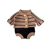 Children Boys Knitted Tops Baby Newborn Infant Girls Boys Spring Autumn Knitted Sweater Striped Long Sleeve Short Pants Shirt Shorts Set Outfits Clothes (Coffee, 0-6 Months)