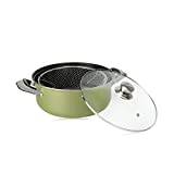 HMWD Large Non Stick Chip Frying Pan with Basket and Glass Lid with Steam Vent, Carbon Steel Deep Fat Fryer, Induction Safe, Stainless Steel - 26cm (Olive)