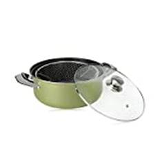 HMWD Large Non Stick Chip Frying Pan with Basket and Glass Lid with Steam Vent, Carbon Steel Deep Fat Fryer, Induction Safe, Stainless Steel - 26cm (Olive)