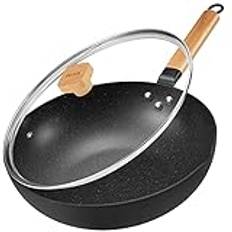 BEZIA Inductions Wok with Lid, 12 inch Non-stick Wok Pan, Stir-Fry Pan with Wooden Handle, Easy Cleanup ＆ Ovensafe, For All Hobs