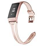 Wearlizer for Fitbit Charge 3 Strap Leather, Genuine Leather Straps Replacement Wrist Band for Charge 3 - Rose Gold