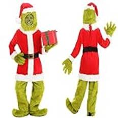 Didabon Grinch Costume Adult Christmas Santa Costume for Women Men, Grinch Plush Green Santa Mask The Grinch Onesie Outfit Furry Christmas Cosplay Furry Suits