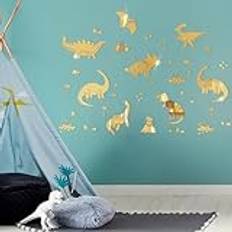 Wooshwa 3D Acrylic Mirror Wall Stickers Dinosaur Wall Decals for Boys Bedroom Baby Nursery Kids Room(Gold)