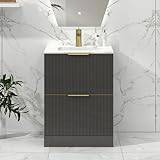 Royal Bathrooms.co.uk Lyon 600mm Gloss Anthracite Fluted Floor Standing Vanity Unit 2 Drawer with Carrara Marble Top & Brushed Brass handles