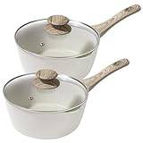 Rainberg Saucepan with Lid, Nonstick Milk Pan Suitable with Induction, Gas and Electric Hobs, Cooking Pot with Pour Spout. (Beige, 2PK 16 & 18cm)