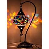 DEMMEX Stunning Turkish Moroccan Mosaic Table Lamp with Big Size Globe, Gooseneck Boho Exotic Colorful Mosaic Glass Bedside Lamp Lampshade, Handmade (Multicolor)