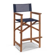 Discontinued Curated Maison Captain Bar Foldable Teak Outdoor Bar Stool With Arms And A Blue Textilene Fabric
