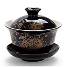 Chinese Porcelain Gaiwan Black Peony Flower Tradition Sancai Tea Cup Tea Set Best Gift