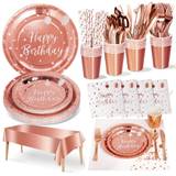 Party Tableware 161Pcs Rosegold Happy Birthday Theme Kids Birthday Decoration Party Accessories Set Includes Paper Plates Napkins Cups Knive Fork