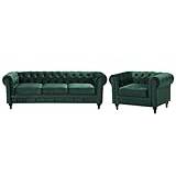 Beliani Classic Chesterfield 3 Seater + Armchair Sofa Set Velvet Green Chesterfield