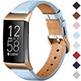 CeMiKa Strap Compatible with Fitbit Charge 4 Strap/Fitbit Charge 3 Strap, Genuine Leather Strap Replacement Wristband for Charge 3/Charge 4 Tracker, SKYBlue/Rose Gold