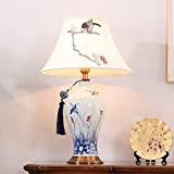 Living Bedroom Bedside Dining Room Table Lamp Ceramic Night Desk Light, Chinese 3D Vivid Embroidery Lantern Idyllic Porcelain (A Button Switch)