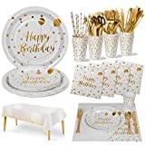 Nkaiso Party Tableware 161Pcs White gold Happy Birthday Theme Kids Birthday Decoration Party Accessories Set Includes Paper Plates Napkins Cups Knive Fork Spoon-20 Guests