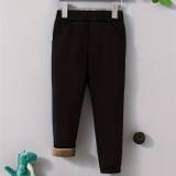 Kid's Solid Color Warm Fleece Pants, Casual Elastic Waist Trousers, Boy's Clothes For Winter