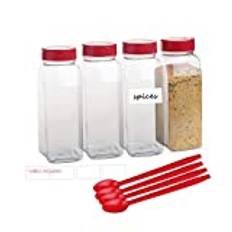 Upper Midland Products 4 Pack 32 Oz Large Spice Seasoning Shaker Containers Jars Plastic With Red Dual Flip Top Sided Lid, 4 Long Spoons And Labels
