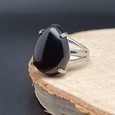 Black obsidian teardrop ring cocktail natural gemstone adjustable silver plated