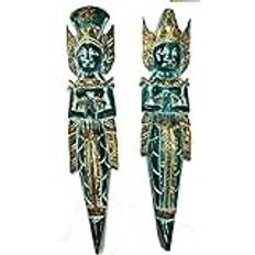 Pair of Large Rama and Sinta Wooden Figures / Carvings - Fair Trade - Large 50cm / 20 inches high (Emerald Green)