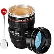 Camera Lens Coffee Mug, Fun Photo Stainless Steel Lens Mug, Travel Coffee Cup, Thermos Camera Lens Mug with Lid and Spoon, Cool Gifts for Photographers Men and Women (Red)