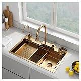 Kitchen Sink, Gold Stainless Steel Waterfall Single Sink Dishwasher, hot and Cold with Dual Controls, with Pull-Out Faucet, Nano Sink worktop for The Kitchen (Size : 75 * 45 * 22cm)