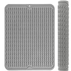 Silicone Dish Drying Mat, 40 × 30 cm Collapsible Drying Mat for Kitchen Counter, Non-Slip Heat Resistant Mat Easy Clean Draining Board Mat, Large Dish Drainer Mat, Grey