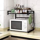 JINGYU Expandable Metal Microwave Oven Rack, Shelf Kitchen Supplies Tableware Storage Carbon Stainless Steel Counter Rice Cooker Stand Contains 2 Tiers with 3 Hook,Black