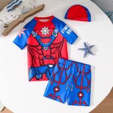SHEIN Tween Boy TightFitting Pattern Printing Color Block Summer Swim Cap Swimwear And Trunks ThreePiece Set