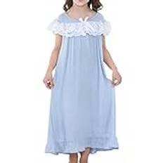 Prevently Little Girls Big Girls Lace Shoulder Crew Neck Long Sleepwear Soft Pajama Dress Nightgowns Cat Robes for Big Girls (Blue, 10 Years)