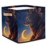 Animal Wolf in Clouds and Moon Square Storage Basket Cube Blue Storage Baskets Laundry Box Foldable Toy Basket Organizer Tray with Handle for Home Living Room Wardrobe Shelf Office Bedroom Decor