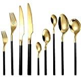 Flatware sets 9PCs Cutlery Set Gold/Silver Cutlery Glossy Stainless Steel Tableware Sets Kitchen Fork Spoon Knive Steel Cutlery Silverware Set (Black Gold)