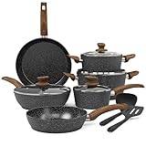 Kitchen Academy Induction Hob Pots and Pans Set - 12 Piece Cooking Pans Set, Black Granite Kitchen Cookware Set,Nonstick Saucepan Set PFOS & PFOA Free