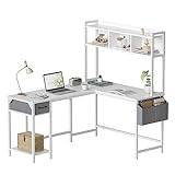 CubiCubi L Shaped Desk with Hutch, 150 cm Corner Computer Desk with Drawer,Home Office Gaming Table Workstation with Storage Bookshelf, White