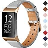 CeMiKa Strap Compatible with Fitbit Charge 4 Strap/Fitbit Charge 3 Strap, Genuine Leather Strap Replacement Wristband for Charge 3/Charge 4 Tracker, Grey/Rose Gold