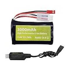 7.4V 3000mah 15C 2S Li-ion Battery with JST-2P Plug with USB Charging Cable for UDIRC UD1601 UD1602 SG1603 RC Car 1/10, 1/12, 1/16 Scale Truck RC Boat RC Drone Engineering Car Battery