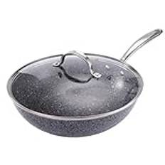 Royal Cuisine Aluminum Alloy Wok Pan with Glass Lid has Ultra Nonstick Coating with Granite Effect Deep Stir Fry Pan Stone Earth Coating Stainless Steel Handle-28cm