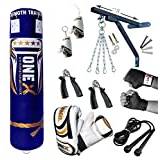 Onex 17 Pieces Heavy Filled 4ft-5FT Boxing Set Punch Bag Gloves Ceiling Hook or Wall Mounted Bracket Chains Training MMA Punching Bags (Blk, 5FT)