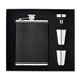 HEESUNG Hip Flask 8oz with Funnel 2 Short Cup Drinking Flasks Kit Black Leather Whiskey Flask 304 Stainless Steel Flagon