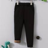 Kid's Solid Color Warm Fleece Pants, Casual Elastic Waist Trousers, Boy's Clothes For Winter