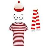 Kids Boys Nerd Geek Costume 3 and 4-Piece Set Including Red & White Striped T-shirt Glasses Hat and Scarf (4, 11-12 Years)