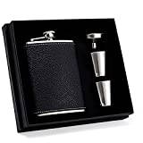 Hip Flasks for Men 8 Oz with Funnel and Cups 304 Food Grade Stainless Steel Pocket Liquor Flagon for Women Classic Artificial Leather Whiskey Flask Presented in Box for Wedding Skiing Camping-Black